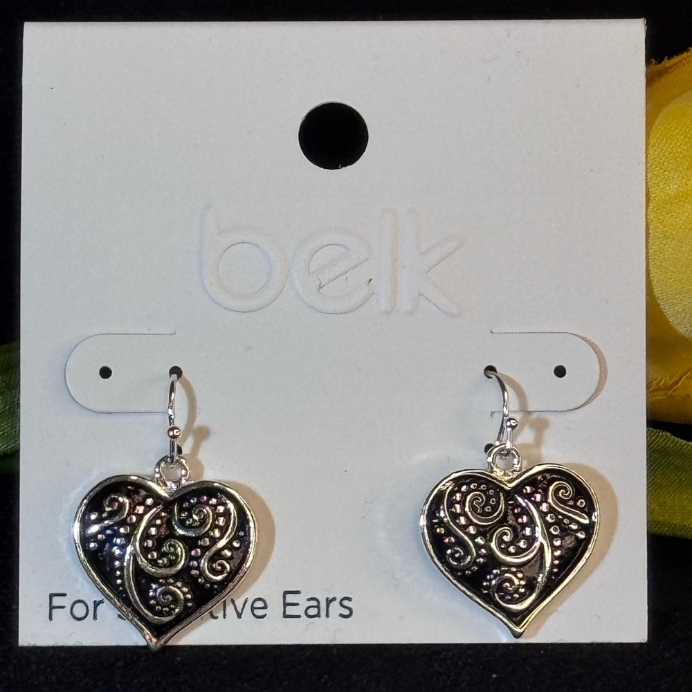 Belk Silver and Black Heart Dangling Earrings 1 inch